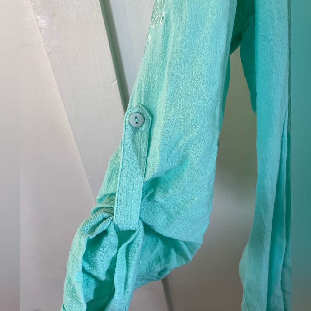 NWT soft surroundings 2X button down blouse roll tab sleeves aqua - Picture 4 of 10